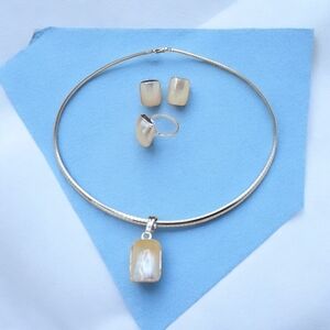 Sterling Silver Rhodium Plated Mother Of Pearl  Necklace Pendant Earrings Ring